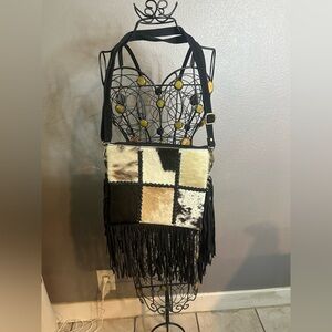 Cowhide Patchwork Fringe Crossbody Bag | NWOT